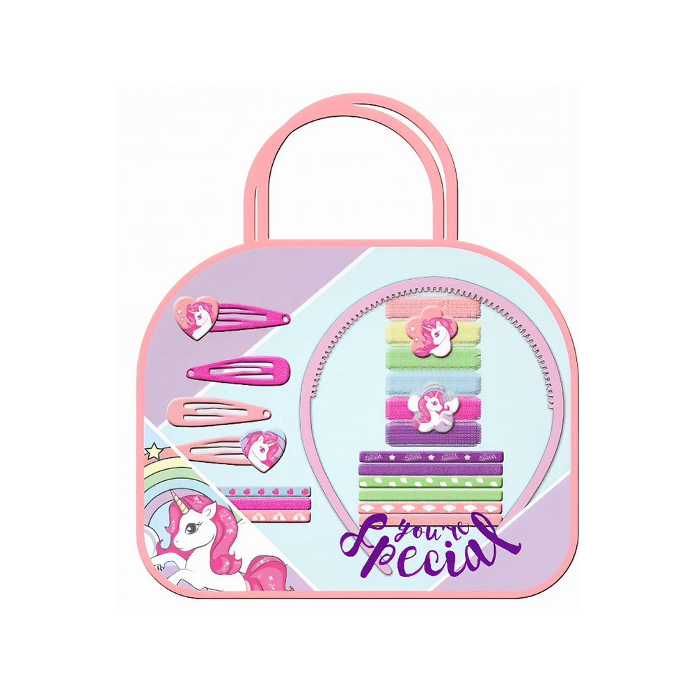 Unicorn haaraccessoires in PVC tas met accessoires - Speelgoed Groothandel en Winkel in Borne