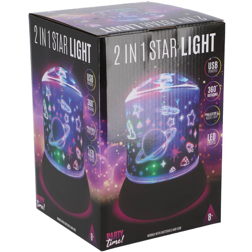Party Time LED sterrenlamp 2 in 1 met zwarte voet voor magische sfeer.