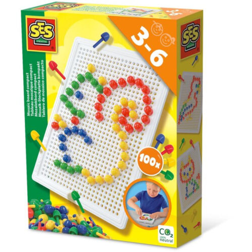 SES Creative - Mozaïekbord Compact - Montessori speelgoed - inclusief 100 gekleurde pinnen in 4 kleuren - herbruikbaar - creatief speelgoed