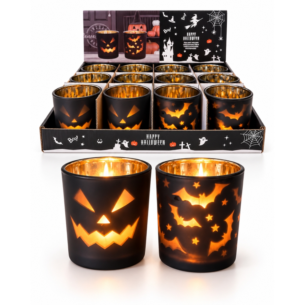 Halloween theelichthouder zwart glas 7 cm