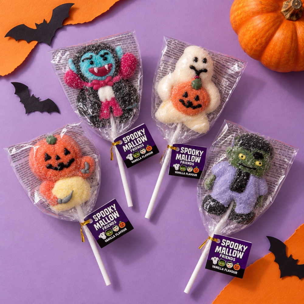 Vier kleurrijke Halloween-lolly's van Spooky Mallow Friends