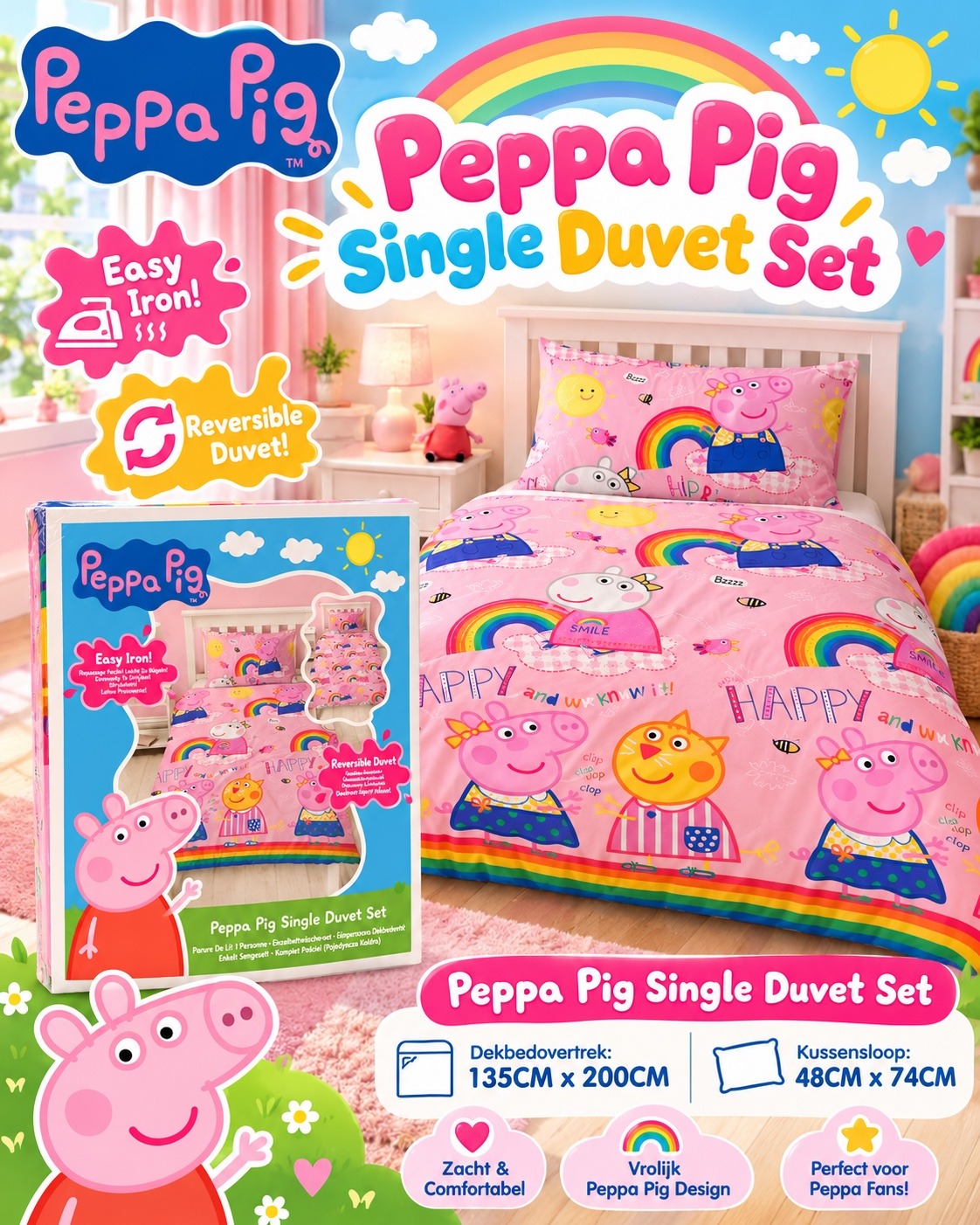 Peppa Pig Happy - Dekbedovertrek - Eenpersoons - 135 x 200 cm - Roze - Afbeelding 2